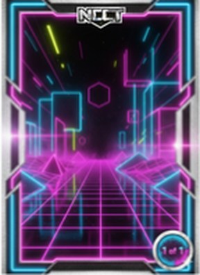 Neon collector card frame with a glowing city grid