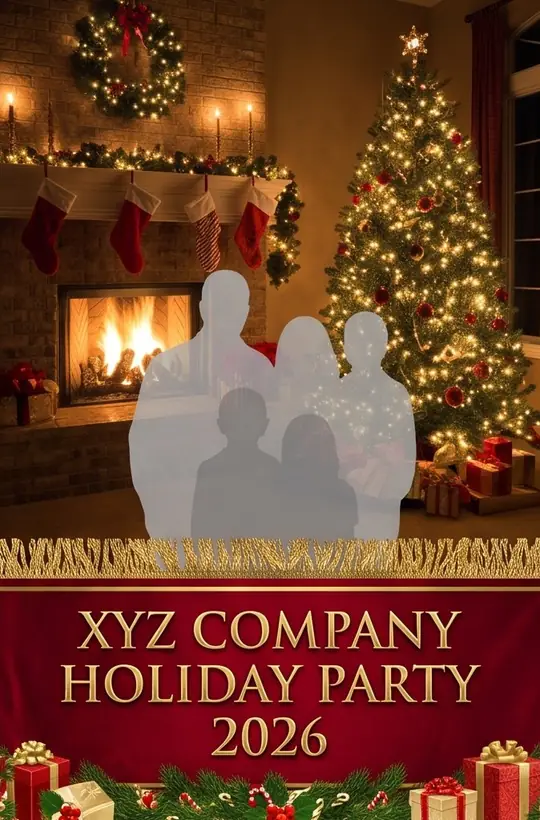Sample tree and fireplace holiday overlay with a red banner reading XYZ Company Holiday Party 2026