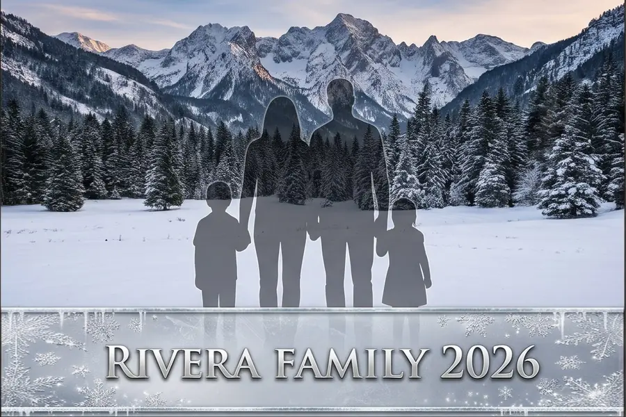 Sample snowy mountain family overlay with a frosted banner reading Rivera Family 2026