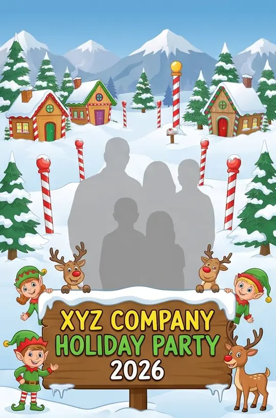 Sample North Pole holiday overlay with elves and reindeer and a sign reading XYZ Company Holiday Party 2026