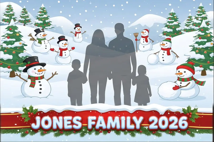 Sample snowmen family overlay with a holly banner reading Jones Family 2026